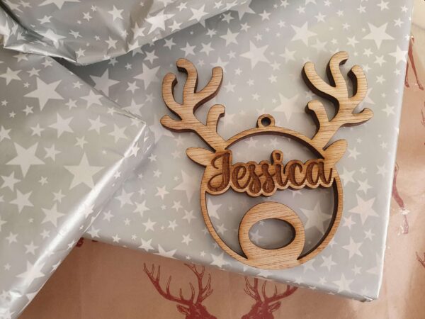 Personalised Round Reindeer Ears Bauble - Image 2