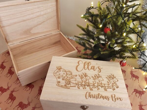 Personalised Large Wooden Christmas Box - Santa Sleigh Design - Image 2