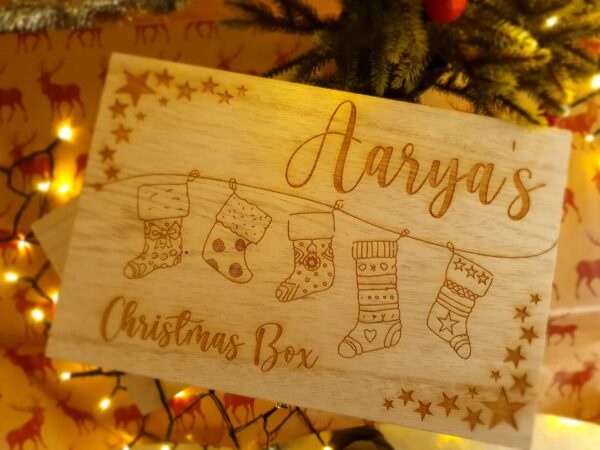 Personalised Large Wooden Christmas Box - Stockings Design