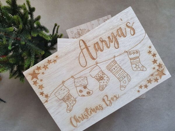 Personalised Large Wooden Christmas Box - Stockings Design - Image 3