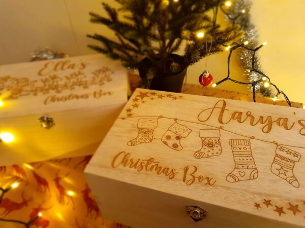 Personalised Large Wooden Christmas Box - Stockings Design - Image 2