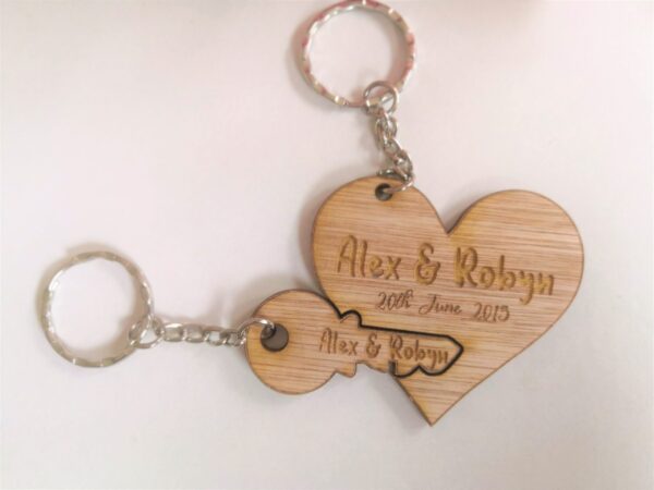 His & Hers Personalised Wooden Key Ring/Key Chain Set - Heart & Key - Image 2
