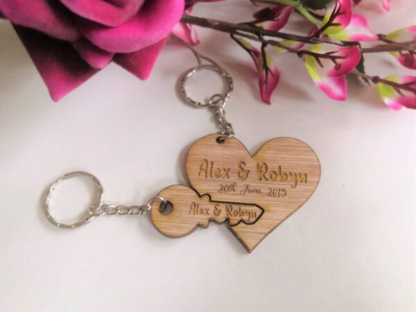 His & Hers Personalised Wooden Key Ring/Key Chain Set - Heart & Key