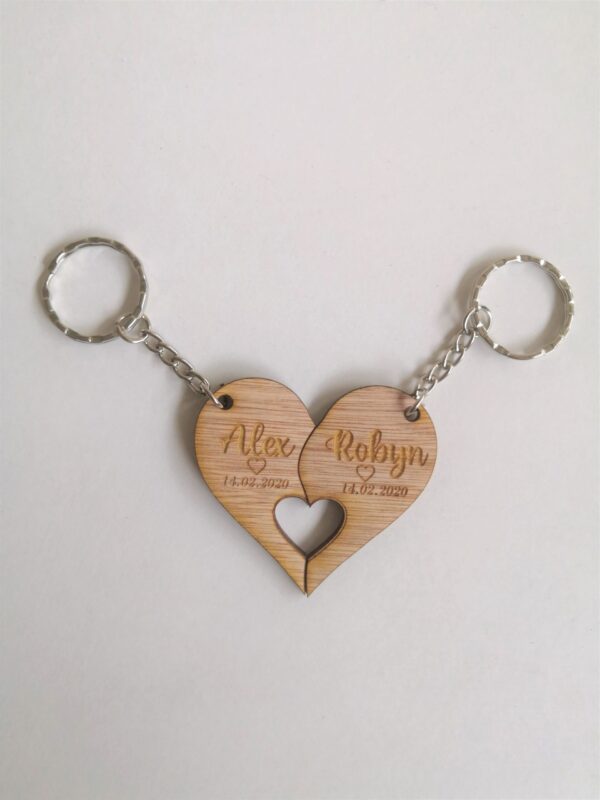 His & Hers Personalised Wooden Key Ring/Key Chain Set - Heart - Image 5