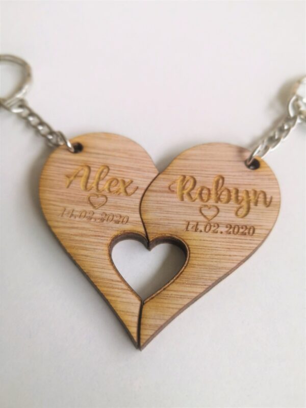 His & Hers Personalised Wooden Key Ring/Key Chain Set - Heart