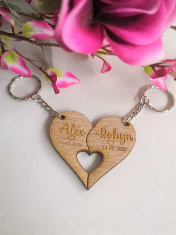 His & Hers Personalised Wooden Key Ring/Key Chain Set - Heart - Image 2