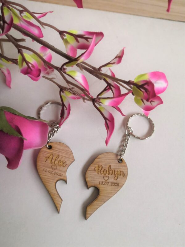 His & Hers Personalised Wooden Key Ring/Key Chain Set - Heart - Image 3
