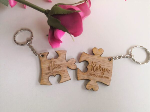 His & Hers Personalised Wooden Puzzle Piece Key Ring/Key Chain Set - Heart Join - Image 5