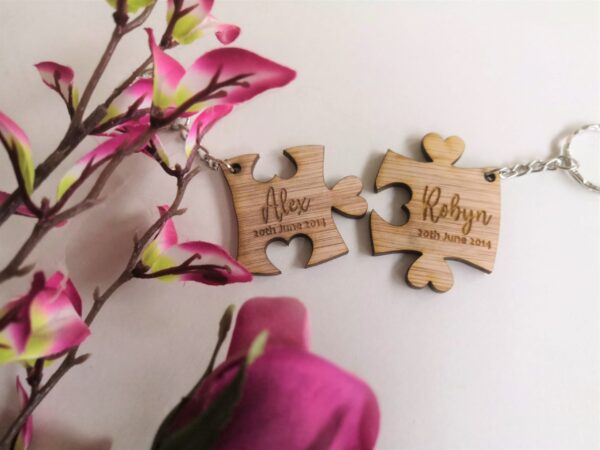 His & Hers Personalised Wooden Puzzle Piece Key Ring/Key Chain Set - Heart Join - Image 4