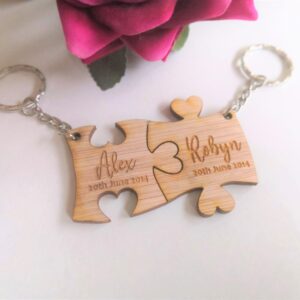His & Hers Personalised Wooden Puzzle Piece Key Ring/Key Chain Set - Heart Join