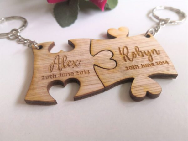 His & Hers Personalised Wooden Puzzle Piece Key Ring/Key Chain Set - Heart Join - Image 3
