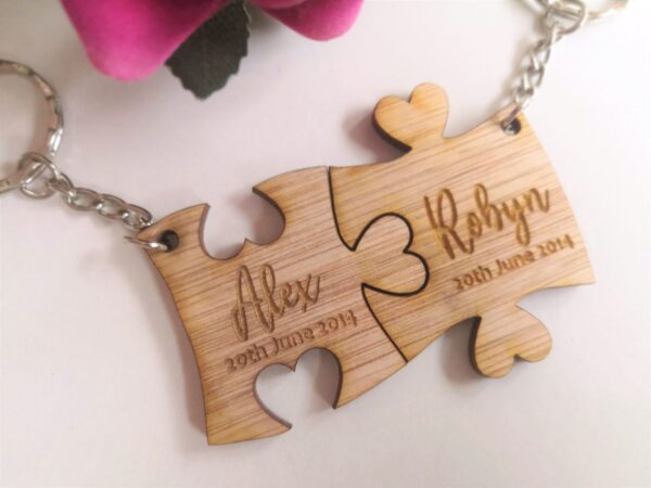 His & Hers Personalised Wooden Puzzle Piece Key Ring/Key Chain Set - Heart Join - Image 2