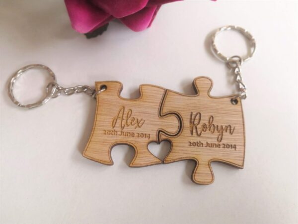 His & Hers Personalised Wooden Puzzle Piece Key Ring/Key Chain Set - Image 3