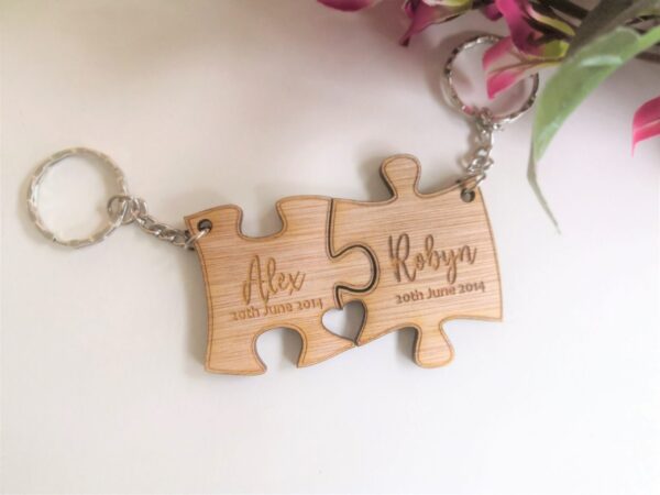 His & Hers Personalised Wooden Puzzle Piece Key Ring/Key Chain Set