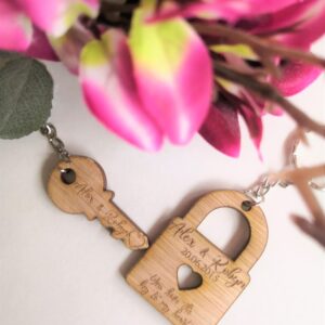 His & Hers Personalised Wooden Key Ring/Key Chain Set - Padlock & Key