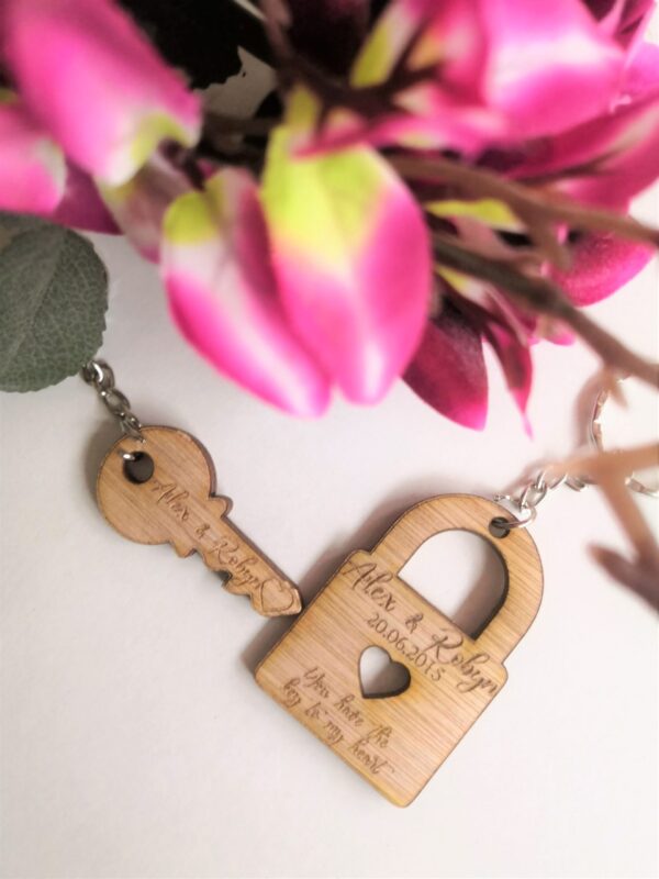 His & Hers Personalised Wooden Key Ring/Key Chain Set - Padlock & Key