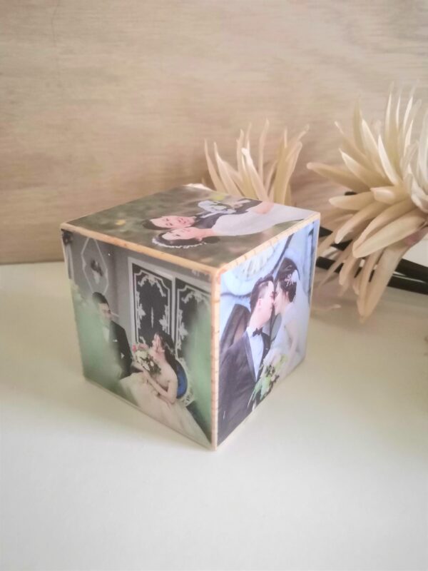 Personalised Wooden 7cm Photo Cube - Memory Keepsake for a Wedding / Anniversary / Holiday / of Kids and more. Great Valentines Gift too! - Image 2