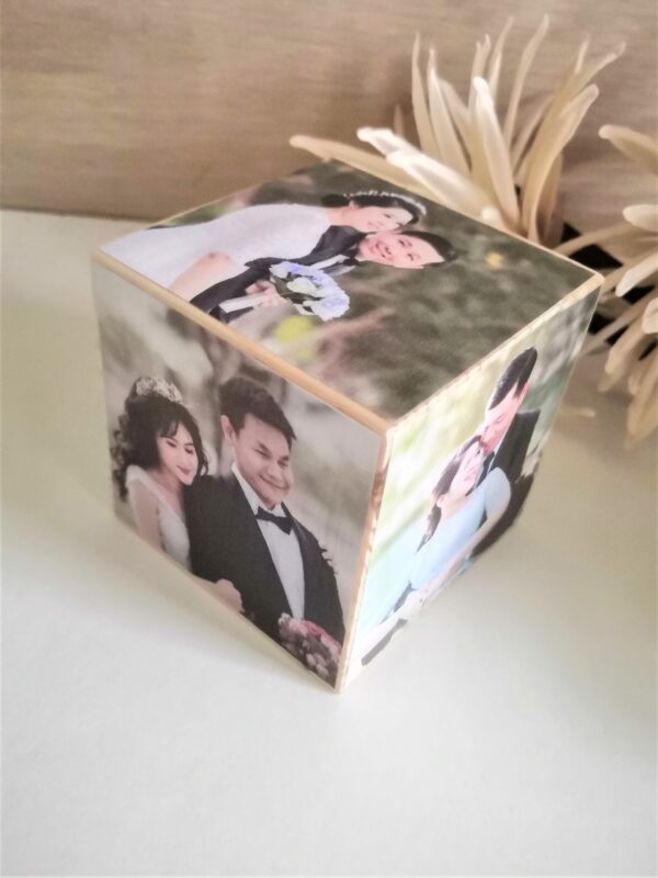 Personalised Wooden 7cm Photo Cube - Memory Keepsake for a Wedding / Anniversary / Holiday / of Kids and more. Great Valentines Gift too!