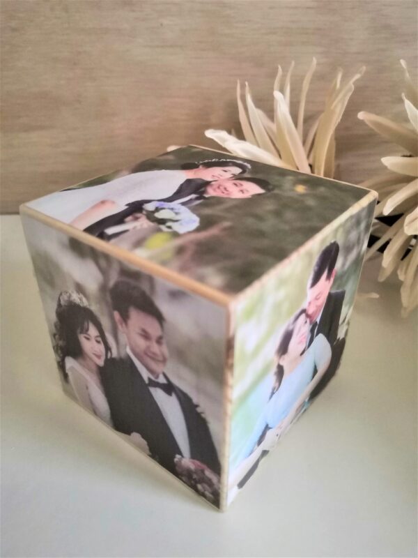 Personalised Wooden 7cm Photo Cube - Memory Keepsake for a Wedding / Anniversary / Holiday / of Kids and more. Great Valentines Gift too! - Image 4