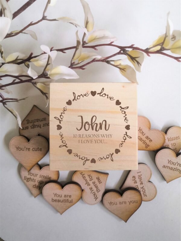 10 Reasons Why I love you/I love you Because with personalised Box and Hearts Included