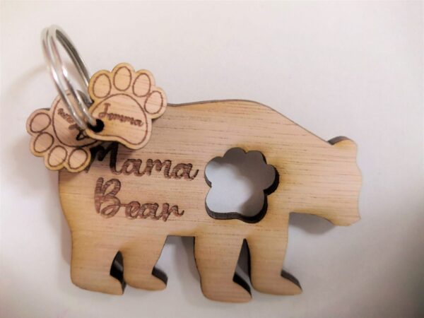 Personalised Wooden Charm Key Ring/Key Chain Sets - Mama/Papa Bear and Paws - Image 2